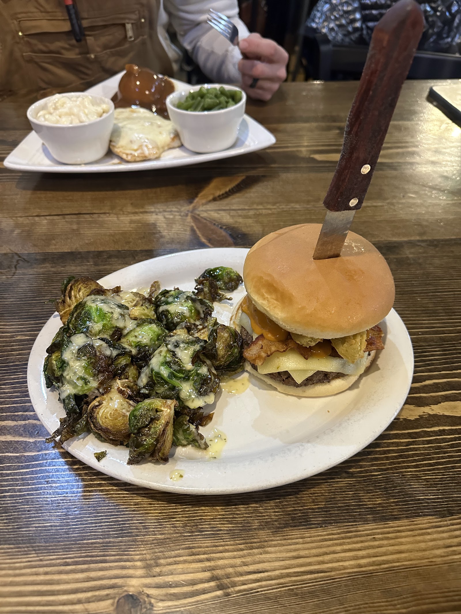Burger with garlic parm brussels sprouts