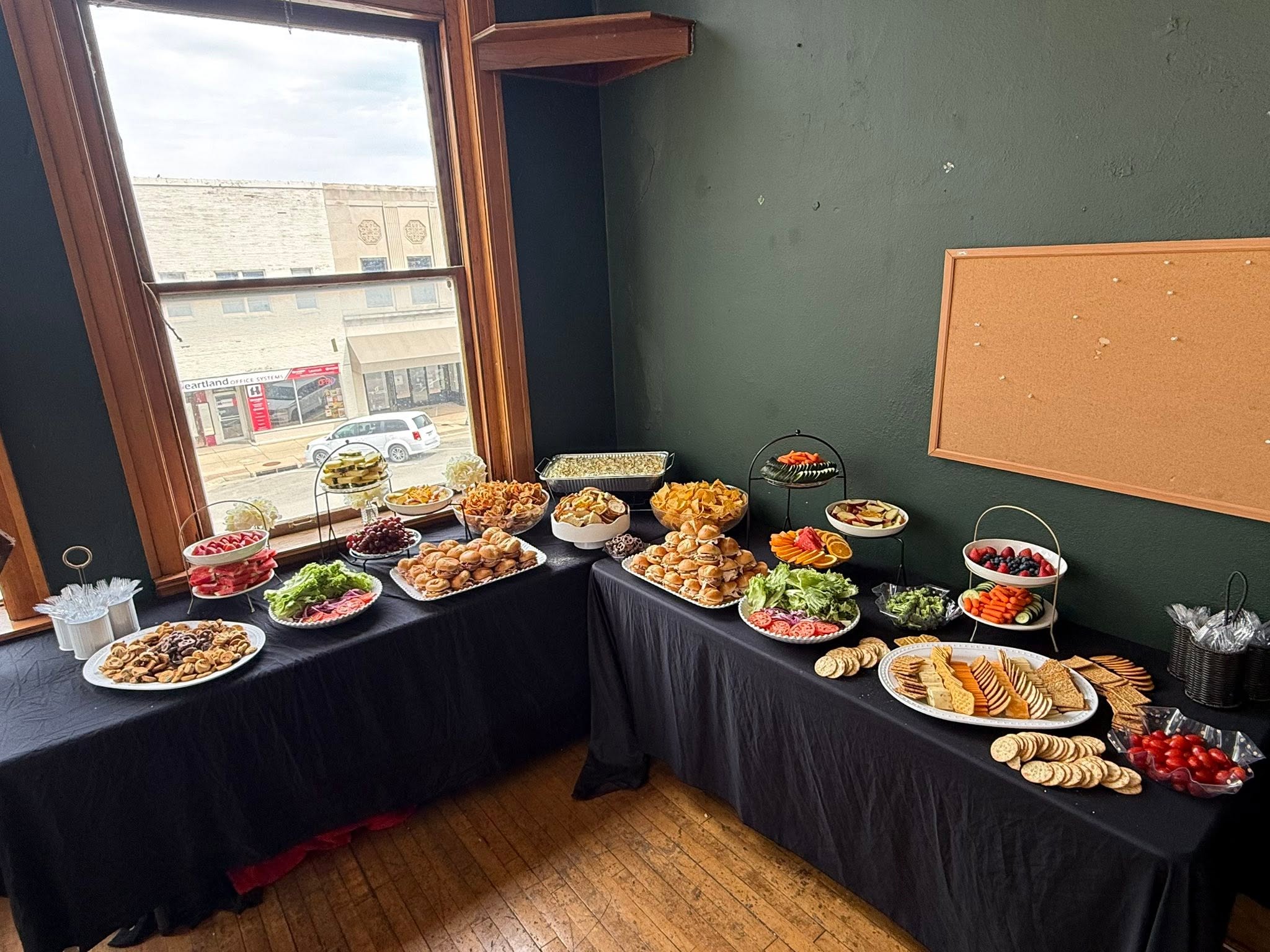 Catering spread with fruit, vegetables and appetizers